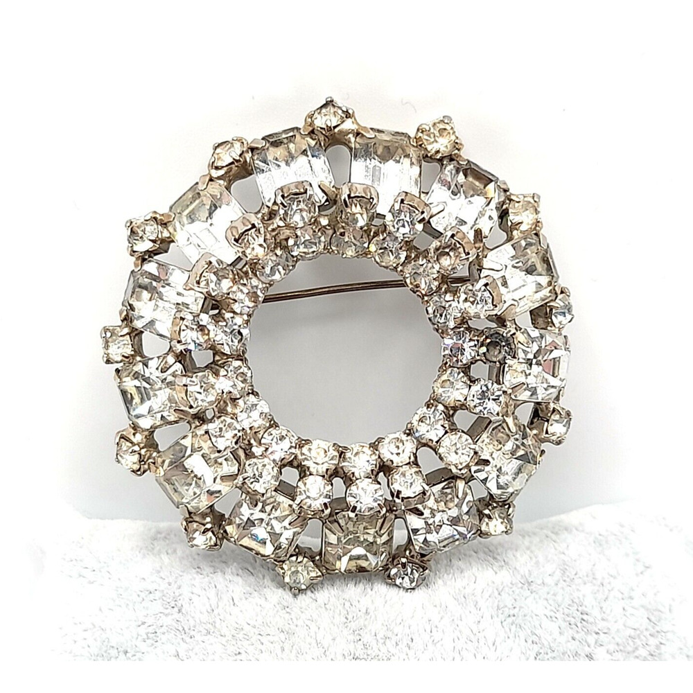 Vintage Clear Rhinestone Wreath Brooch Emerald Cut Wedding Pin 1950s